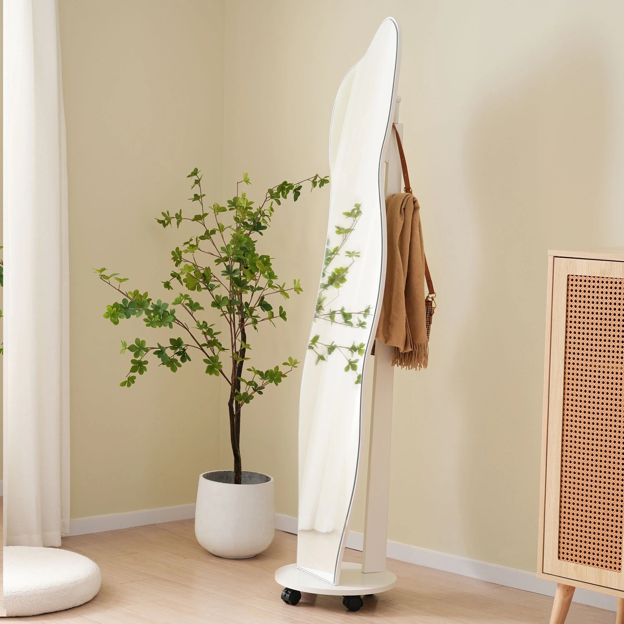 1992全身鏡 姿見鏡 ハンガーフック イレギュラ ハンガーフック付き鏡 ハンガー 360回転可能なキャスター付き 北欧 収納付き 衣類収納 隙間収納 リビング 玄関 飛散防止加工 ホワイト167*