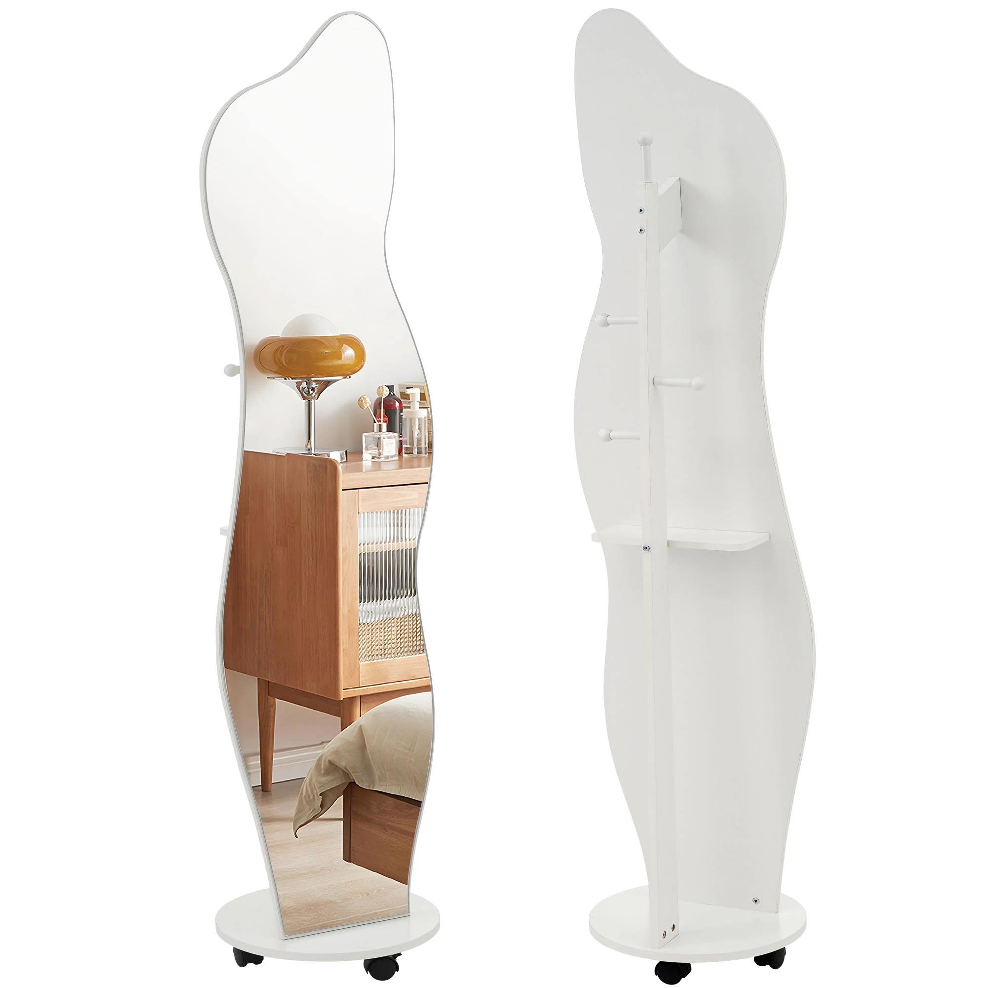 1992全身鏡 姿見鏡 ハンガーフック イレギュラ ハンガーフック付き鏡 ハンガー 360回転可能なキャスター付き 北欧 収納付き 衣類収納 隙間収納 リビング 玄関 飛散防止加工 ホワイト167*