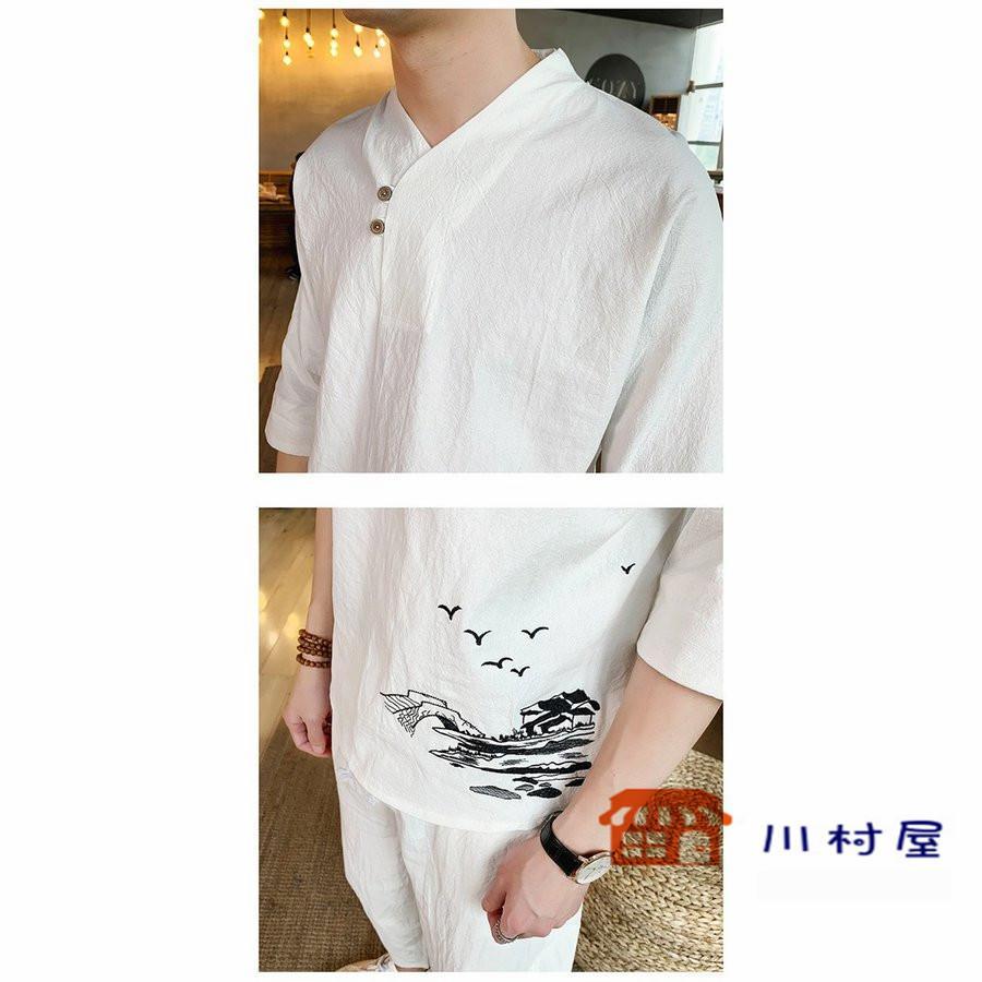上下セットアップ メンズ 2点セット 七分袖 刺繍 Tシャツ パンツ 綿麻 め ヘンリネック トレーナー 夏物 春 夏 秋 Tシャツ