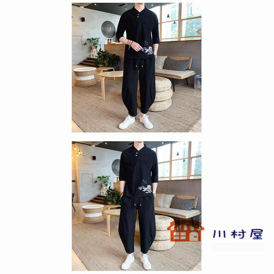 上下セットアップ メンズ 2点セット 七分袖 刺繍 Tシャツ パンツ 綿麻 め ヘンリネック トレーナー 夏物 春 夏 秋 Tシャツ