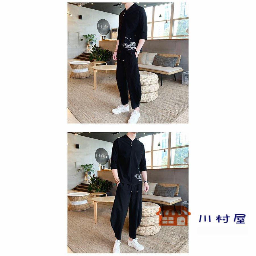 上下セットアップ メンズ 2点セット 七分袖 刺繍 Tシャツ パンツ 綿麻 め ヘンリネック トレーナー 夏物 春 夏 秋 Tシャツ