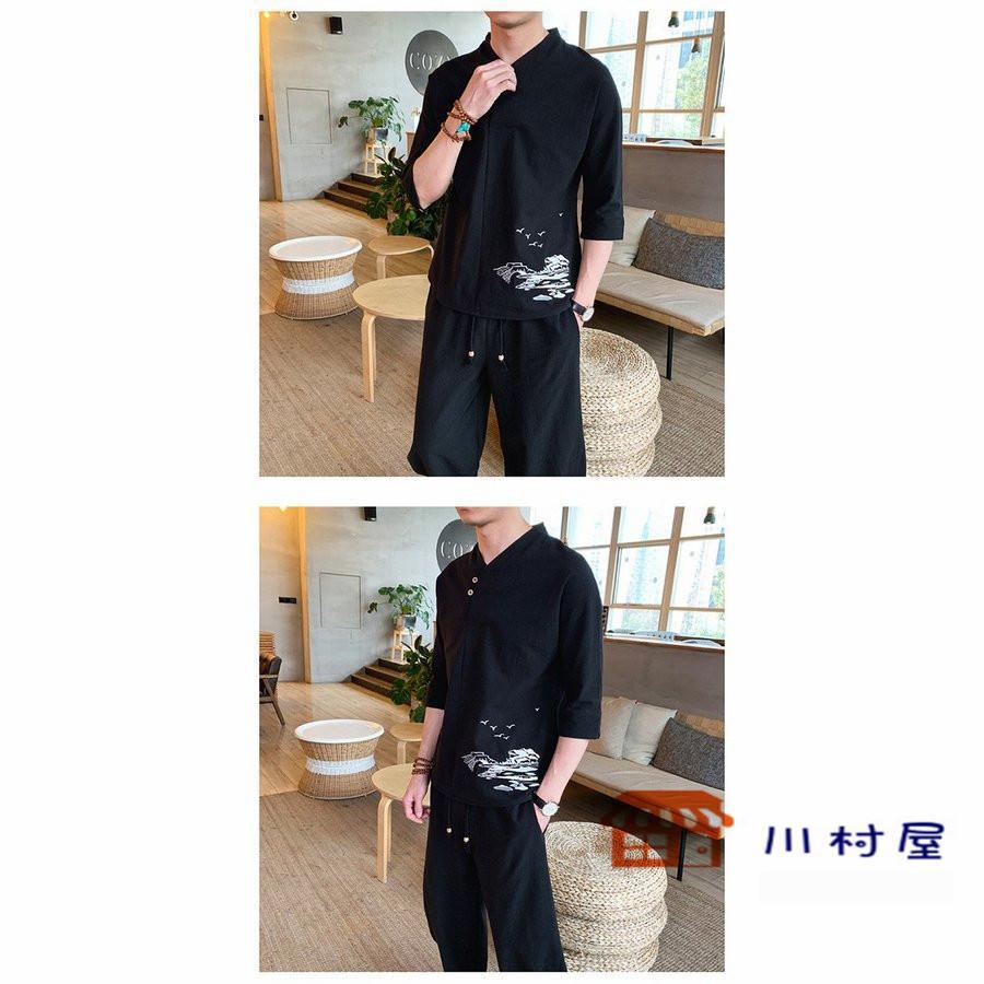 上下セットアップ メンズ 2点セット 七分袖 刺繍 Tシャツ パンツ 綿麻 め ヘンリネック トレーナー 夏物 春 夏 秋 Tシャツ