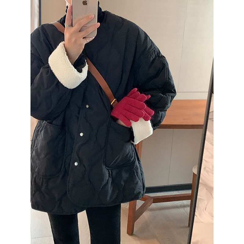人气アウター人気 ロング丈4colors　ニューデザイン シンプル 長袖 丸ネックラ 中綿コート 感 着痩せひと足お先にボアキルティングアウター_3