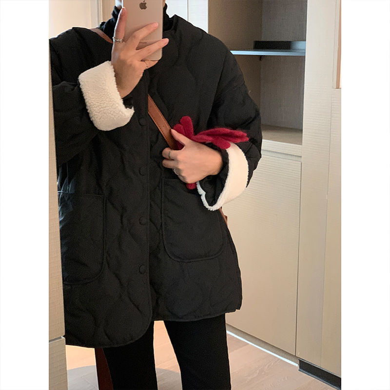 人气アウター人気 ロング丈4colors　ニューデザイン シンプル 長袖 丸ネックラ 中綿コート 感 着痩せひと足お先にボアキルティングアウター_4