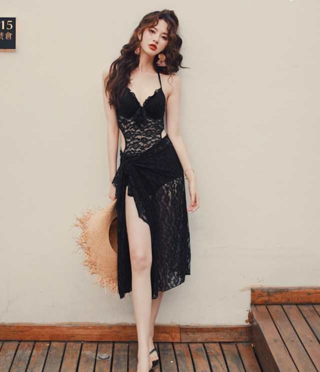 レースワンピース水着 水着 ビキニ ワンピース水着 羽織り ワンピース 体系カバー 二の腕カバー レース 透け感 シースルー 胸元 谷間 谷間魅せ 盛れる セット 2点セット ツーピース かわいい 大