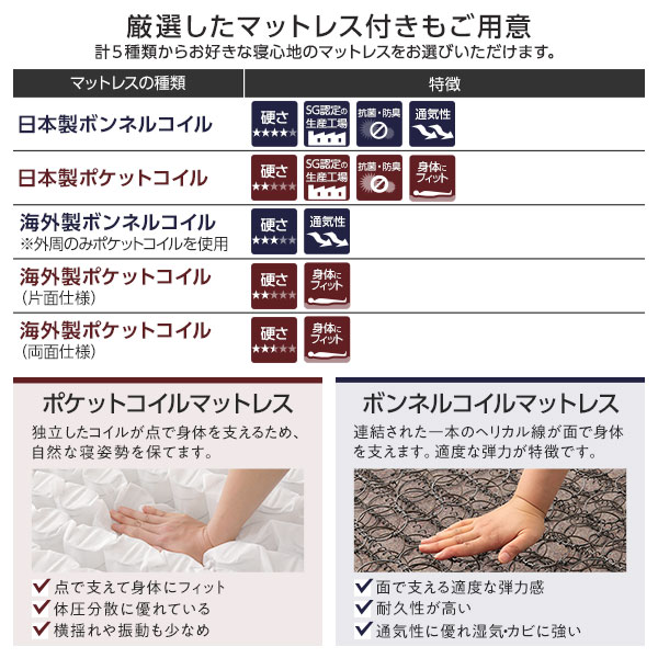 ベッド ダブル 海外製ポケットコイルマットレス付 片面仕様 茶 収納付 木製 棚付
