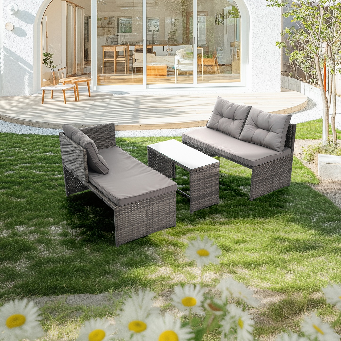 グレー】4人掛け ガーデンテーブル 3点セット ラタン調 屋外家具 旅館