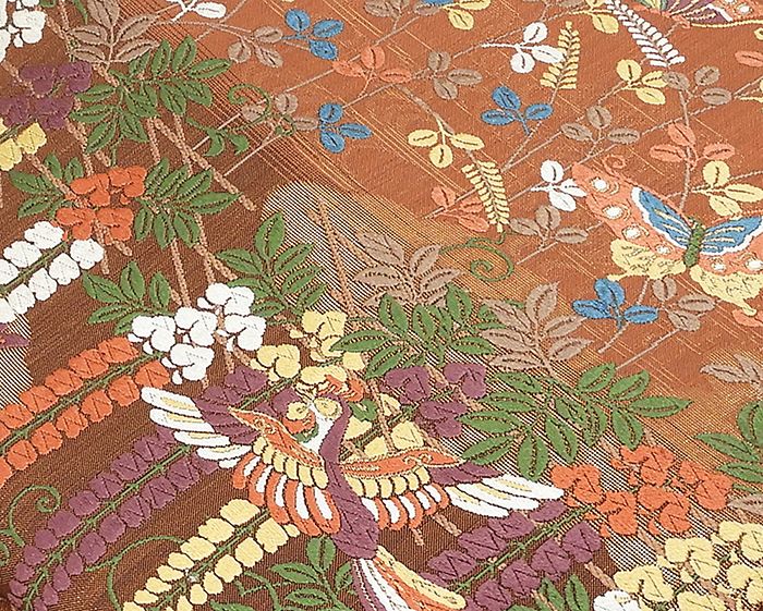 袋帯 新品仕立済 正絹 西陣 じゅらく謹製 錦鳥藤棚舞楽文 袋帯 小難あり 新品 仕立て上がり