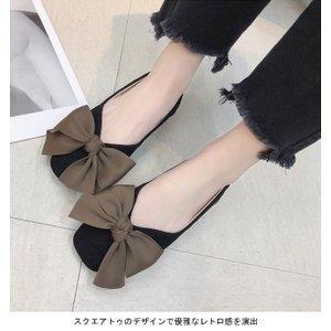 ぺったんこ レディース スクエアトゥパンプス 蝶結び フラットシューズ レトロ シューズ 女性 靴 ローカット 春秋 夏 くつ