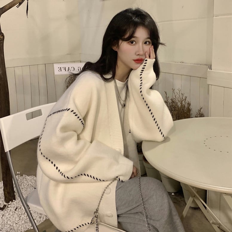 2color レディース ステッチカーディガン ニットカーディガン 羽織り ガウン 29