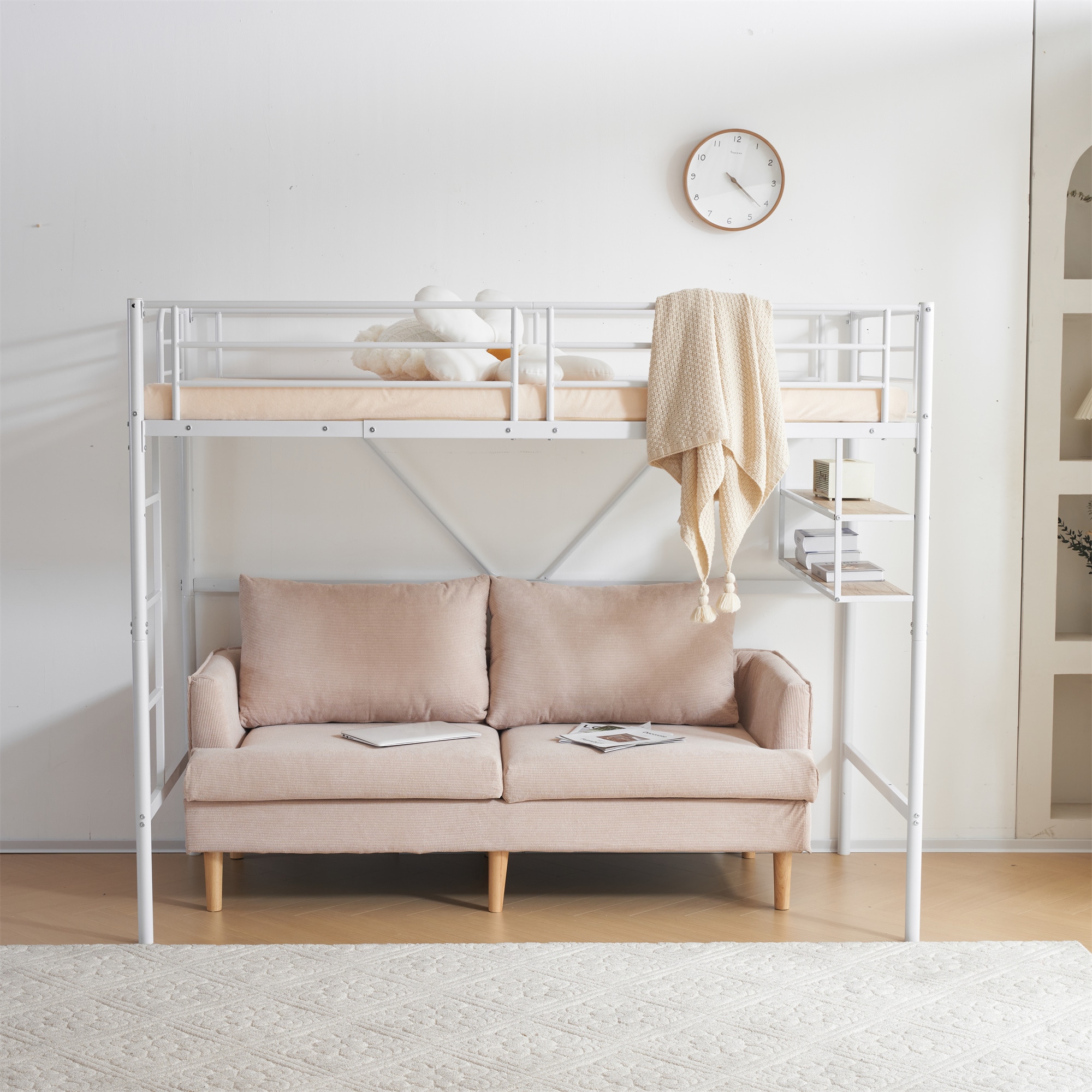 国内出荷】【新作】【ホワイト】ロフトベッド パイプベッド サイド棚