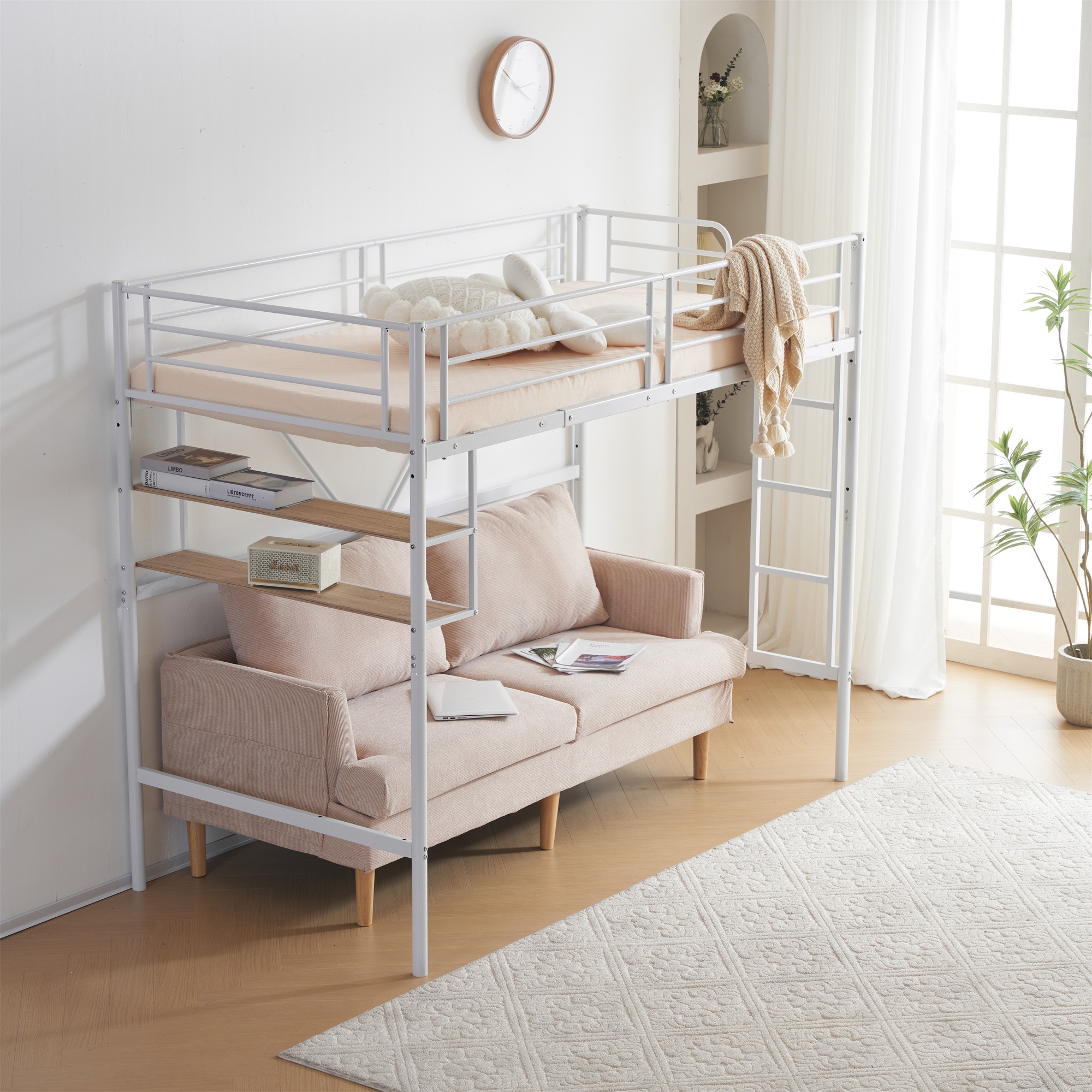 国内出荷】【新作】【ホワイト】ロフトベッド パイプベッド サイド棚