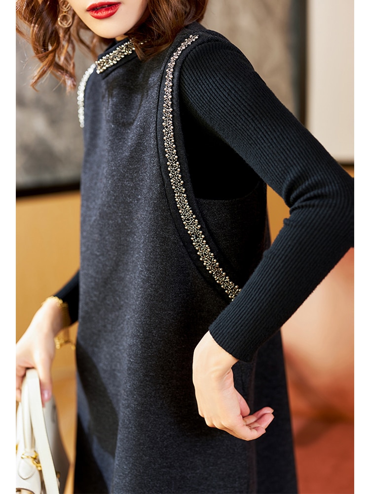 ウールワンピース トップス シンプル ブラック 黒 グレー 灰色 ミニ丈 ショート丈 袖あり 長袖 ウールワンピース トップス シンプル ブラック 黒 グレー 灰色 ミニ丈 ショート丈 袖あり 長袖