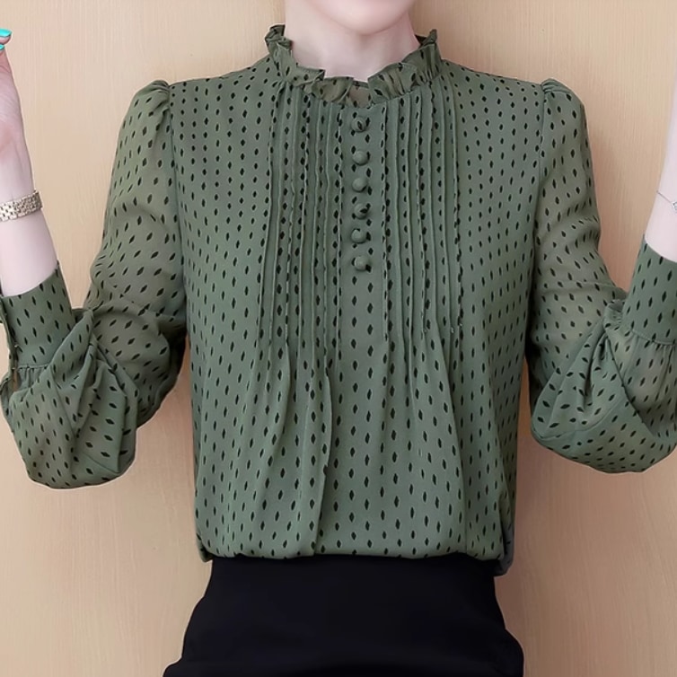 レディース トップス シャツ ブラウス シフォンシャツ 長袖 スタンドカラー フェミニン シフォン フリル ボタン 薄手 かわいい 大人可愛い きれいめ シンプル カジュアル 上品 おしゃれ レトロ