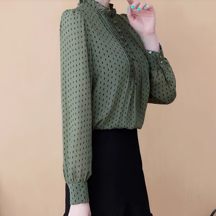 レディース トップス シャツ ブラウス シフォンシャツ 長袖 スタンドカラー フェミニン シフォン フリル ボタン 薄手 かわいい 大人可愛い きれいめ シンプル カジュアル 上品 おしゃれ レトロ