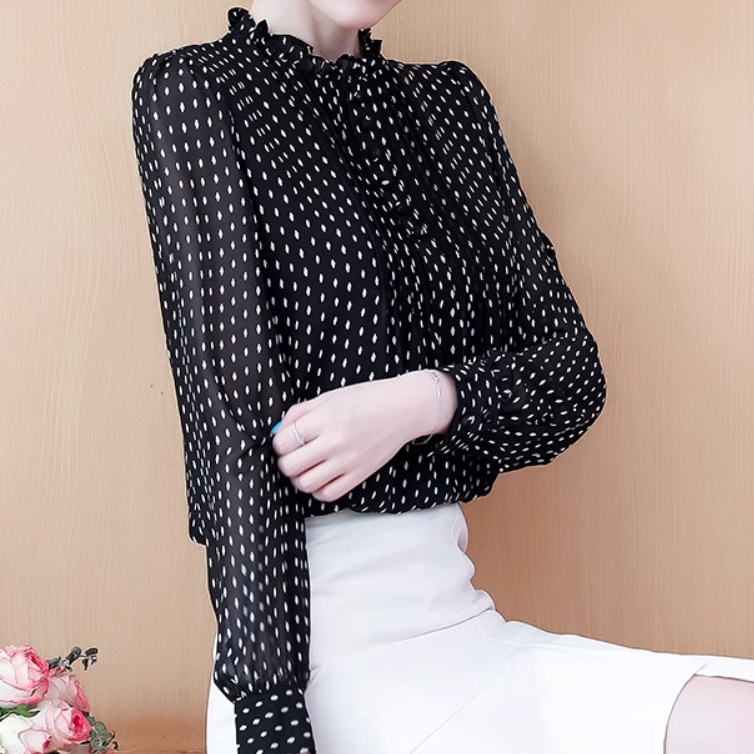 レディース トップス シャツ ブラウス シフォンシャツ 長袖 スタンドカラー フェミニン シフォン フリル ボタン 薄手 かわいい 大人可愛い きれいめ シンプル カジュアル 上品 おしゃれ レトロ