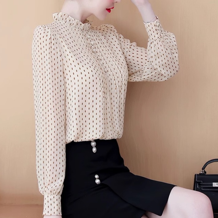 レディース トップス シャツ ブラウス シフォンシャツ 長袖 スタンドカラー フェミニン シフォン フリル ボタン 薄手 かわいい 大人可愛い きれいめ シンプル カジュアル 上品 おしゃれ レトロ