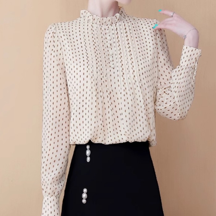 レディース トップス シャツ ブラウス シフォンシャツ 長袖 スタンドカラー フェミニン シフォン フリル ボタン 薄手 かわいい 大人可愛い きれいめ シンプル カジュアル 上品 おしゃれ レトロ