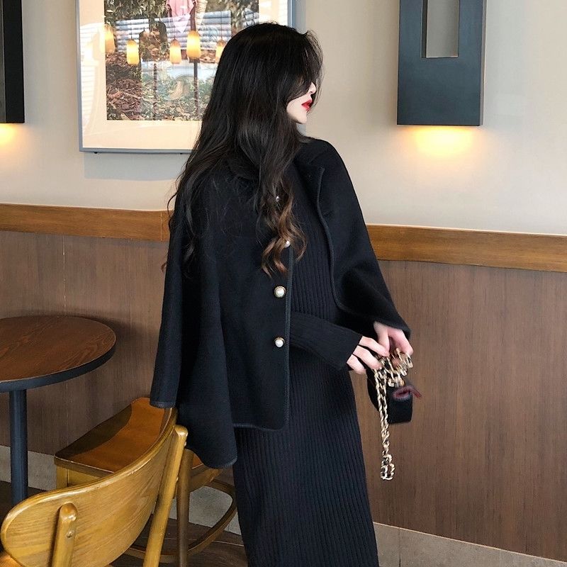 オーバーサイズ セットアップ マント ラシャコート+ニットワンピース 2点セット レディース ゆったり カジュアルセット オーバーサイズ セットアップ マント ラシャコート+ニットワンピース 2点セット レディース ゆったり カジュアルセット