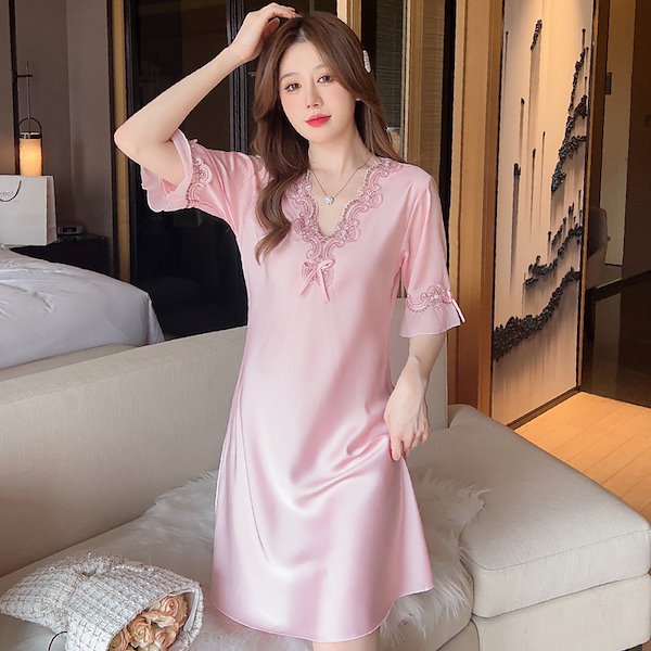 パジャマ レディース 春 夏 ネグリジェ ワンピース ピンク ネグリジェ パジャマ レディース 春夏秋 長袖ワンピース vネック