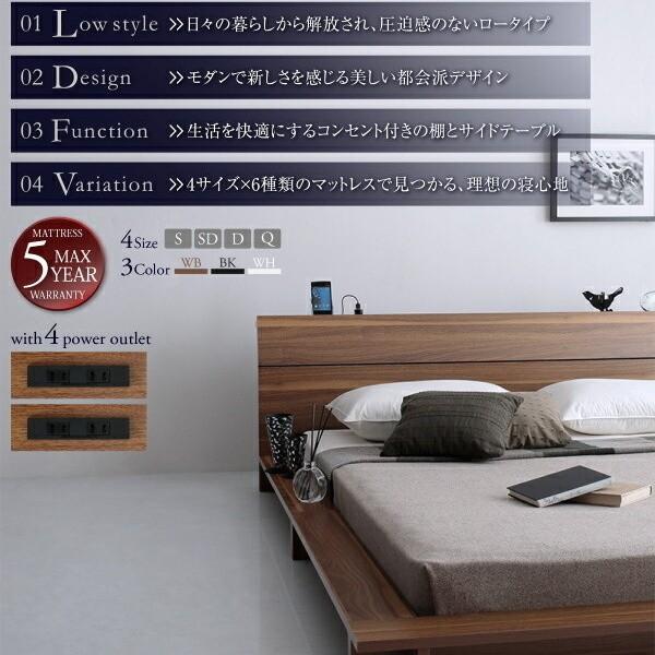 組立設置付 ロータイプ ダブルベッド プレミアムポケットコイルマットレスセット フロア ローベッド コンセント付 宮棚 幅広フレーム