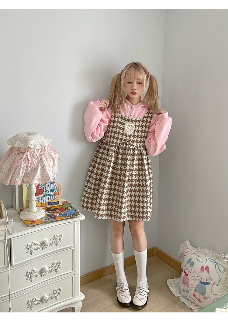 labeau】 チェック ボタン 刺繍 2WAY スクェアネック 袖なしミニ・膝丈