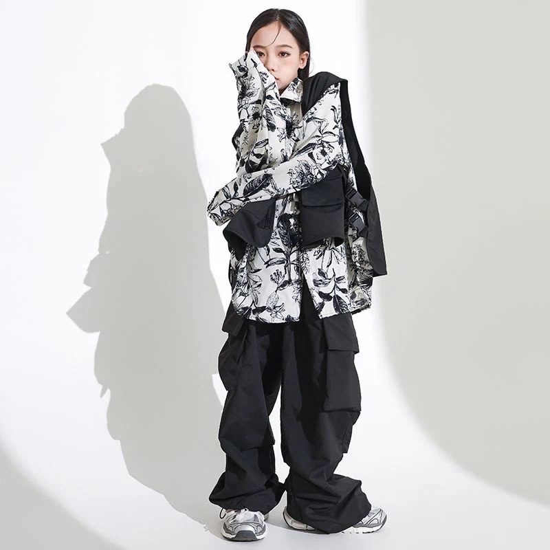 街舞少年潮服工装ヒップホップシャツセットhiphop女の子装爆街公演服ジャズダンス秋冬