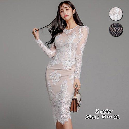 キャバドレス ナイトドレス ミディアムドレス セットアップ ツーピース タイト 長袖 総レース レディース グラシア