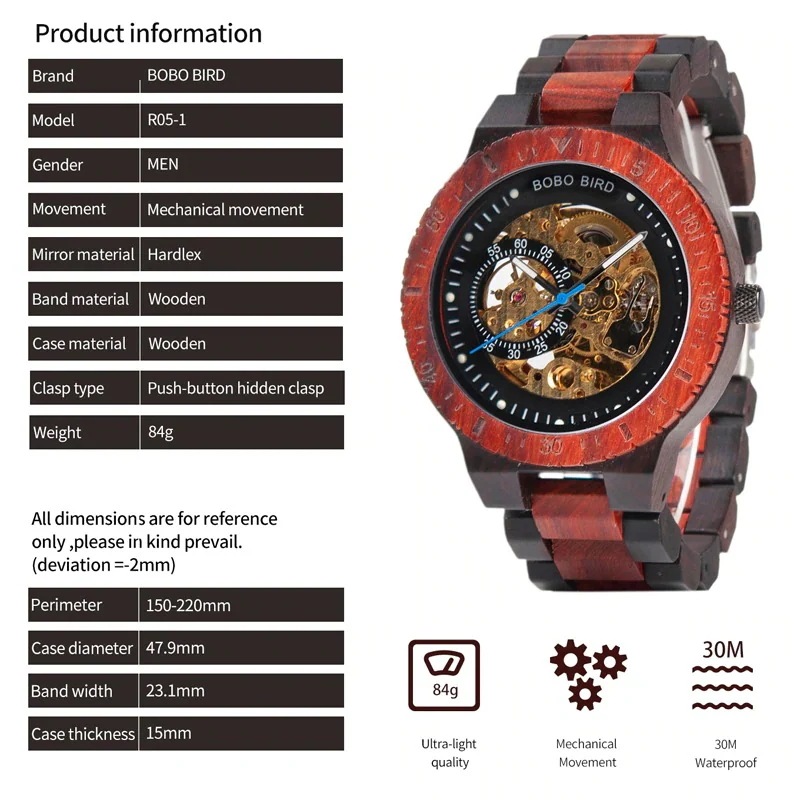 正規品BOBO BIRD木製機械式時計男性レロジオMasculinoビッグメンズ腕時計トップブランドの高級時計erkekコルsaati W-R05