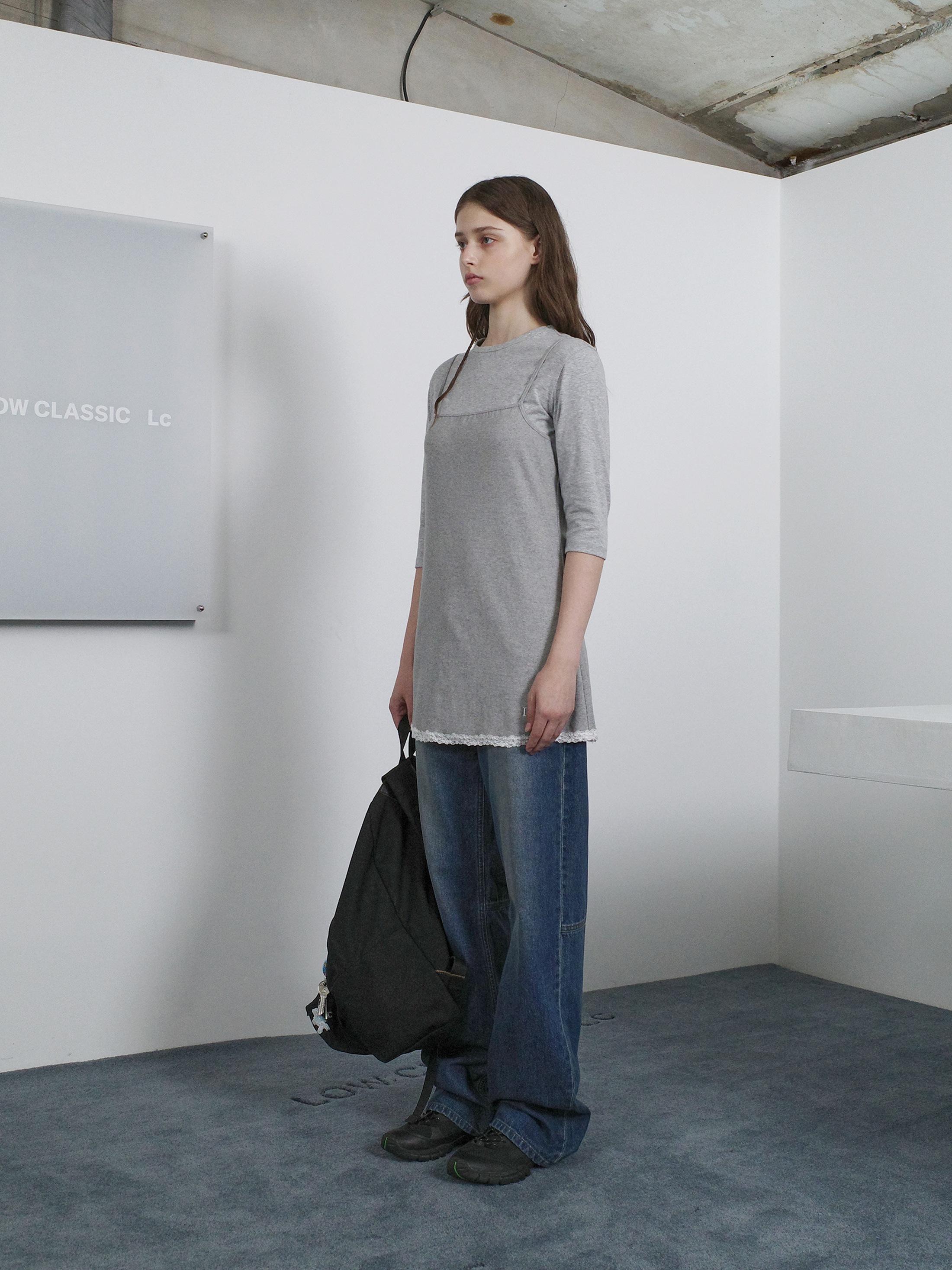 [LOW CLASSIC] /☆24FW RIBBED LACE LAYERED DRESS/MELANGE GREY LOW CLASSIC】 RIBBED LACE LAYERED DRESS : MELANGE GREY 袖