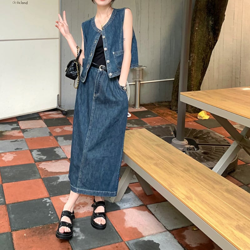 セットアップ ベスト デニムスカート ミドル丈 袖なし 上下セット 2点セット ツーピース かわいい 大人可愛い シンプル カジュアル おしゃれ かっこいい レトロ 大人女子 こなれ感 ラフ