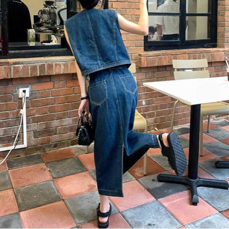セットアップ ベスト デニムスカート ミドル丈 袖なし 上下セット 2点セット ツーピース かわいい 大人可愛い シンプル カジュアル おしゃれ かっこいい レトロ 大人女子 こなれ感 ラフ