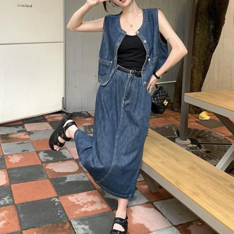 セットアップ ベスト デニムスカート ミドル丈 袖なし 上下セット 2点セット ツーピース かわいい 大人可愛い シンプル カジュアル おしゃれ かっこいい レトロ 大人女子 こなれ感 ラフ