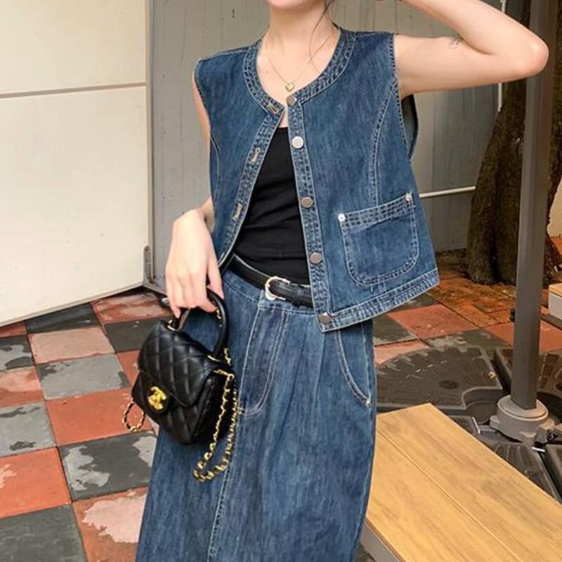 セットアップ ベスト デニムスカート ミドル丈 袖なし 上下セット 2点セット ツーピース かわいい 大人可愛い シンプル カジュアル おしゃれ かっこいい レトロ 大人女子 こなれ感 ラフ