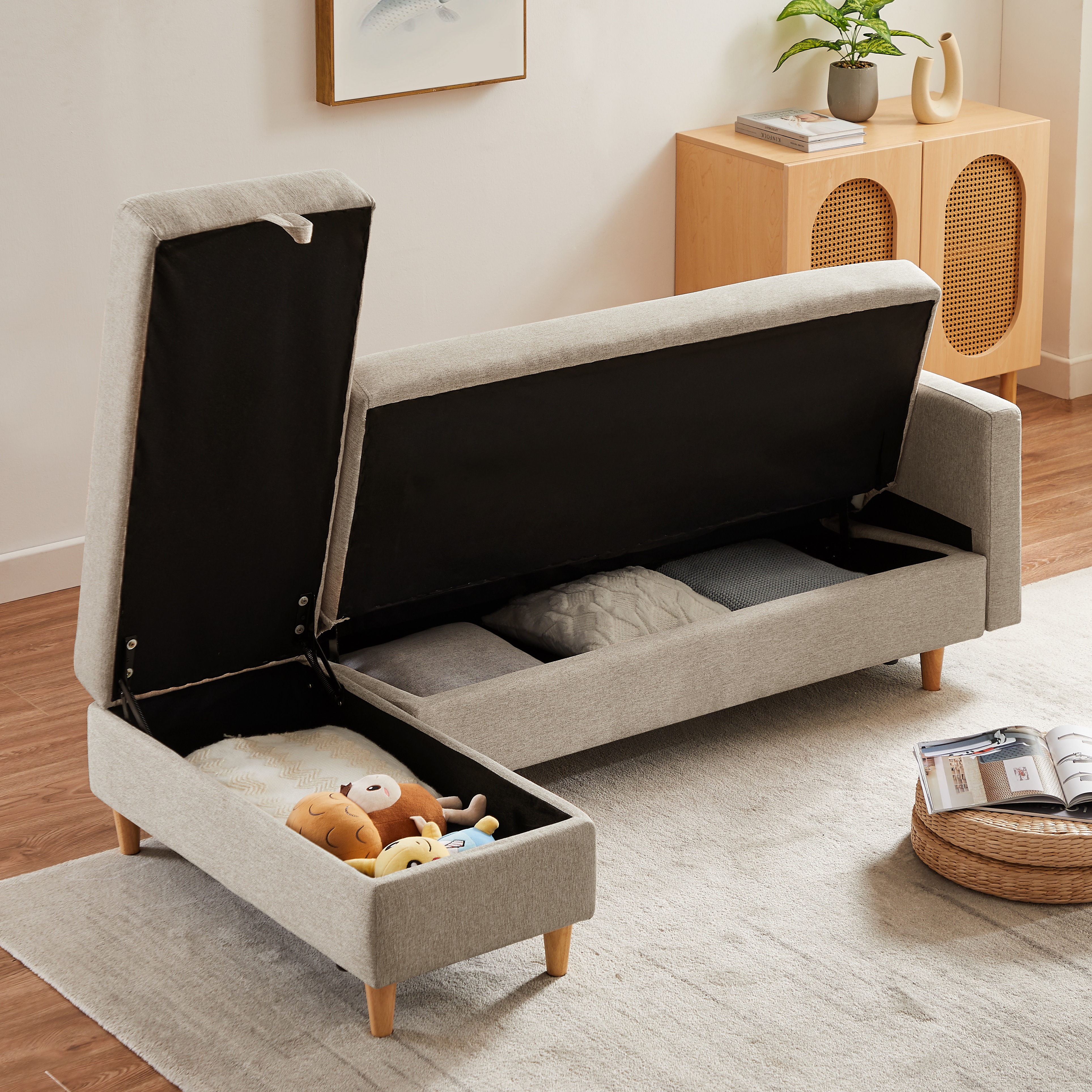 【国内出荷 - 3日配達】ソファ　ソファーベッド　カウチソファ　3人掛け　オットマン付き　多機能ソファ　左右側とも取り付けるアームレスト　たくさん収納　レイアウト自由　クッション2個556