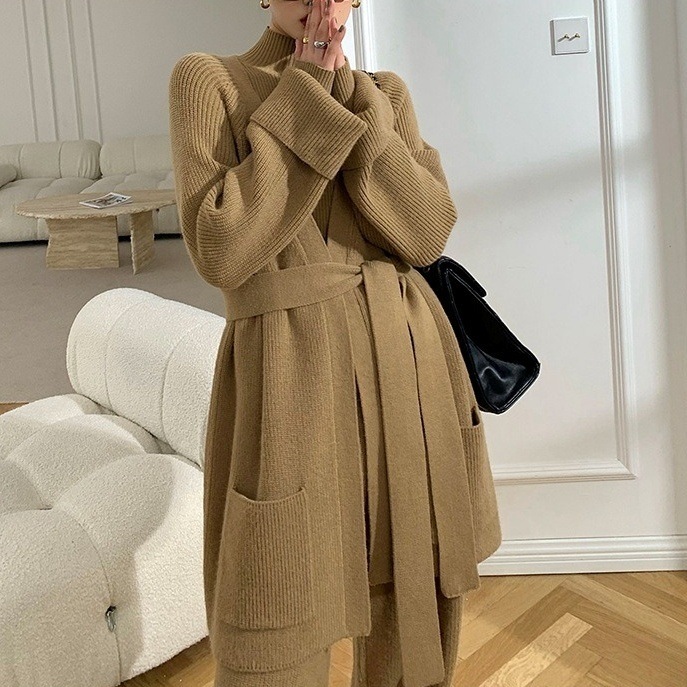 ニットセットアップ パンツセットアップ ワイドパンツ リブニット 3点セット 韓国 レディース オルチャン ハイネック ジャケット ニットカーディガン スリーピース 黒 ブラック 茶色