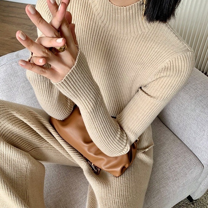 ニットセットアップ パンツセットアップ ワイドパンツ リブニット 3点セット 韓国 レディース オルチャン ハイネック ジャケット ニットカーディガン スリーピース 黒 ブラック 茶色