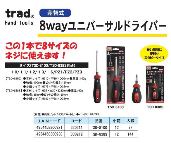 （業務用30セット）TRAD 差替式8WAYドライバー/作業工具 軸長35mm スタビータイプ TSD-838S 業務用/DIY用品/日曜大工