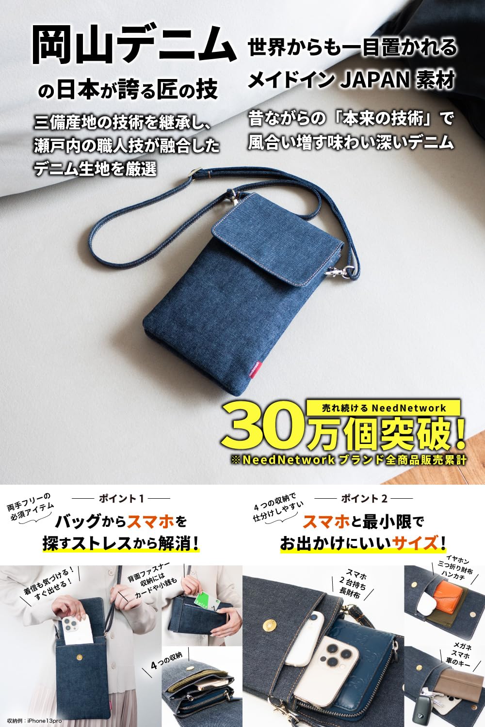 [ニードネットワーク] スマホポーチ スマホショルダー 岡山デニム レディース 斜め掛け スマホポシェット インディゴブルー