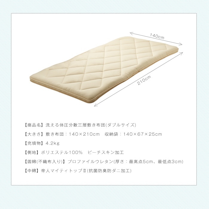 三層敷布団 ダブル 140210cm TEIJIN マイティトップ 体圧分散 抗菌消臭 防ダニ 低ホルム 洗える 固綿入り 三層構造 プロファイルウレタン 極厚 ロング 中綿三層 三層布団