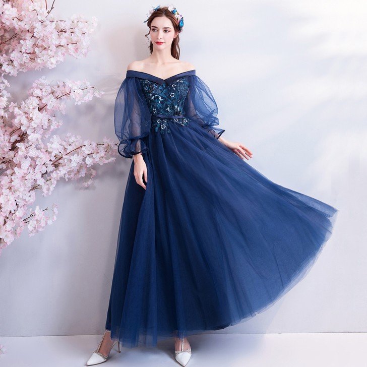 ロングドレス 安い カラードレス 演奏会 青 イブニングドレス 花嫁 フォーマル 袖あり 結婚式 カクテルドレス 二次会 パーティー aラインドレス