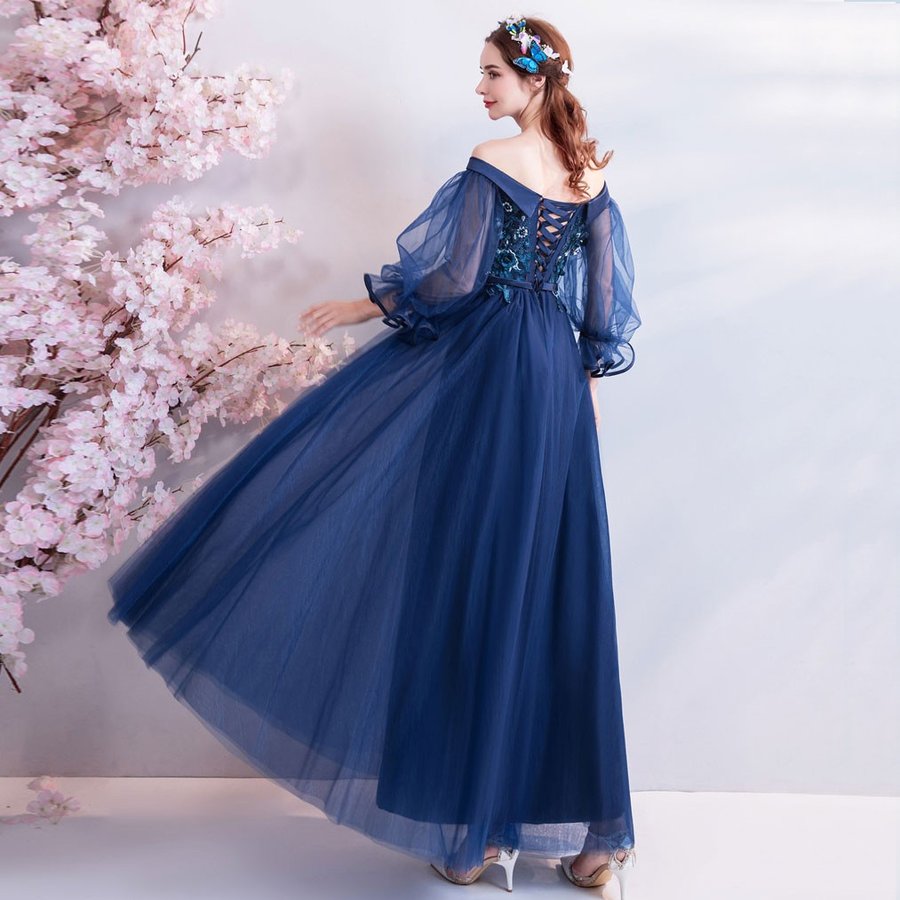 ロングドレス 安い カラードレス 演奏会 青 イブニングドレス 花嫁 フォーマル 袖あり 結婚式 カクテルドレス 二次会 パーティー aラインドレス