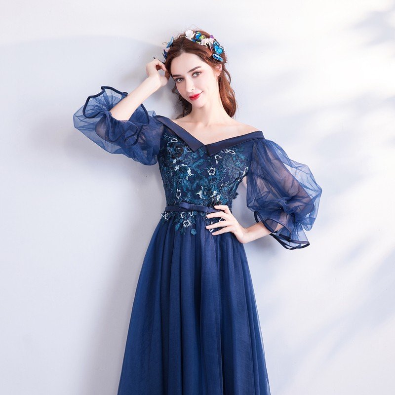 ロングドレス 安い カラードレス 演奏会 青 イブニングドレス 花嫁 フォーマル 袖あり 結婚式 カクテルドレス 二次会 パーティー aラインドレス