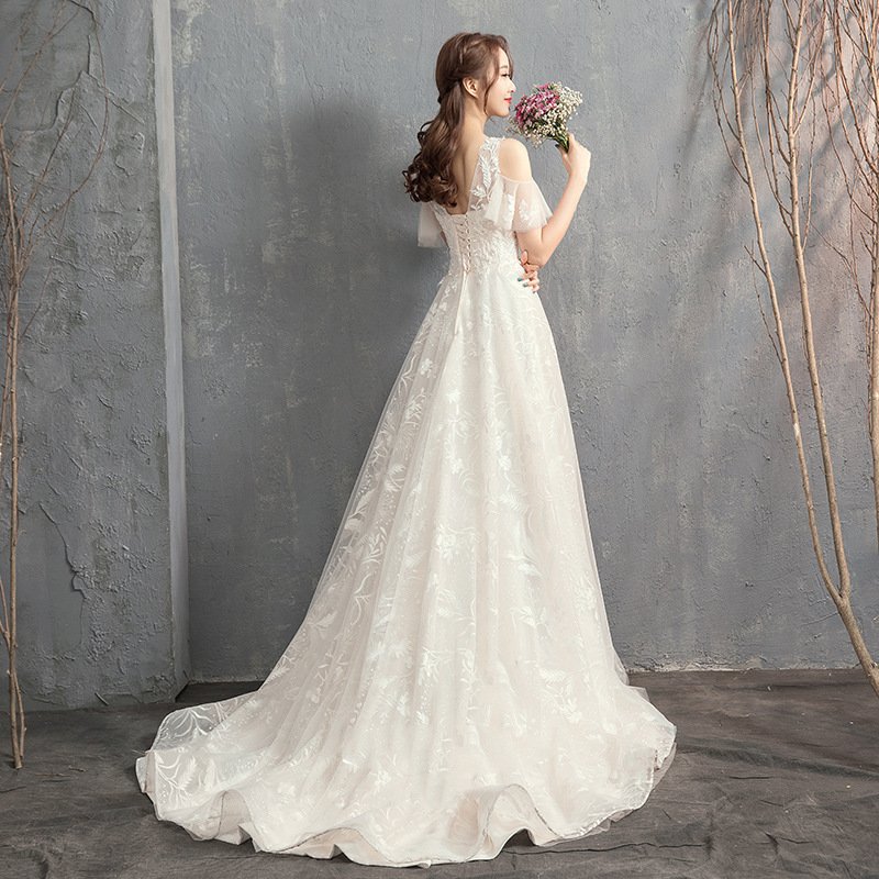 結婚式 ロングドレス 編み上げ式 撮影 袖あり白 二次会 プリンセスライン ドレス ブライダル レディース 白 レース 挙式 花嫁 安い ウェディングドレス 結婚式 Aラインドレス 花嫁ワンピース