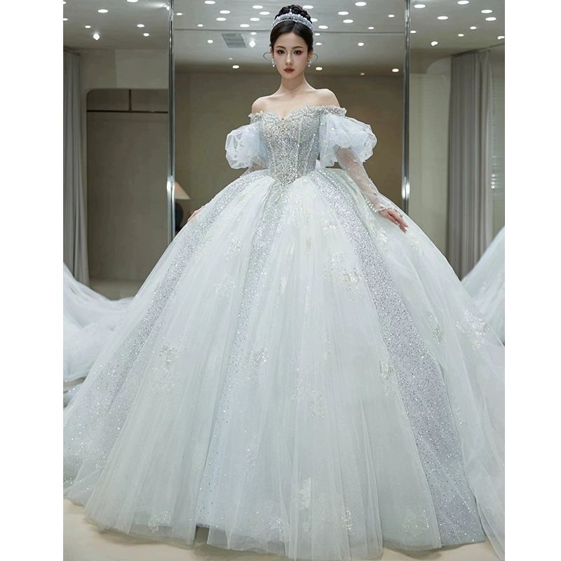 ブルー ワンショルダー ウェディングドレス 2024 花嫁 質感 プチトレーリング主糸 ブルー ワンショルダー ウェディングドレス 2024 花嫁 質感 プチトレーリング主糸