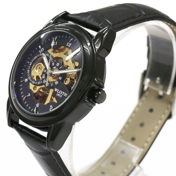 自動巻き腕時計 シンプル機能のスケルトンデザイン ブラックケース 革ベルト 機械式腕時計 WSA025-BLK メンズ腕時計 自動巻き腕時計 シンプル機能のスケルトンデザイン ブラックケース 革ベルト 機械式腕時計 WSA025-BLK メンズ腕時計