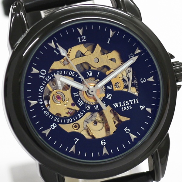 自動巻き腕時計 シンプル機能のスケルトンデザイン ブラックケース 革ベルト 機械式腕時計 WSA025-BLK メンズ腕時計 自動巻き腕時計 シンプル機能のスケルトンデザイン ブラックケース 革ベルト 機械式腕時計 WSA025-BLK メンズ腕時計