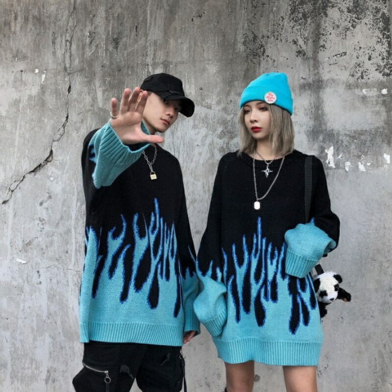 ファイヤー フレイム ニット トップス セーター ジャカード メンズ レディース 男女兼用 ユニセックス 派手 かっこいい ストリート ジャガード