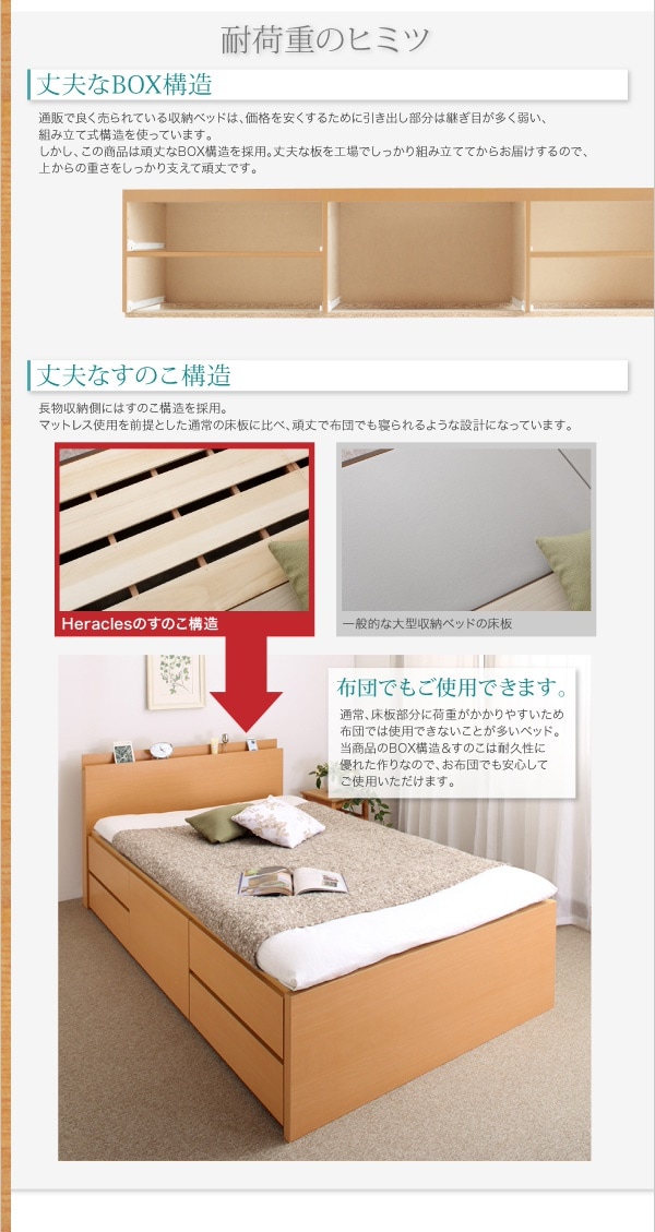 [組立設置付]長く使える棚/コンセント付き 国産 頑丈 チェスト収納ベッド [ヘラクレス] [薄型スタンダードボンネルコイルマットレス付き] シングル [フレーム色]ナチュラル