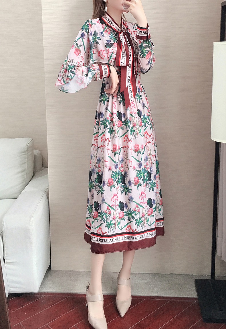 レトロスカーフ 英字プリント 花柄シフォン ロングワンピース 3色 OHCA0065